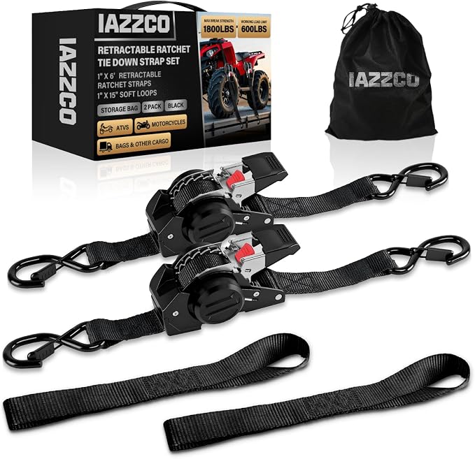 6FT Retractable Ratchet Straps(2-Pack) - 1 Inch (1800 LB Break Strength) Heavy Duty Self Retracting Ratchet Straps with Soft Loops & Storage Bag for Household, Motorcycle, Truck, ATV(Black)