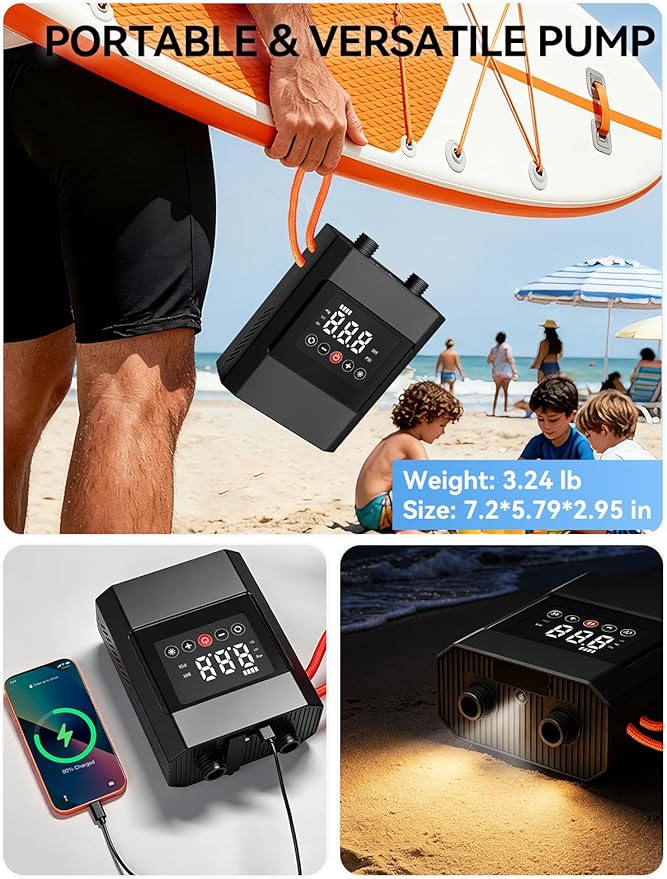 20PSI High Pressure Electric Paddle Board Pump, Rechargeable Battery-Powered, Electric SUP Air Pump with 12V DC Car Connector, Intelligent Dual Stage for Inflatable Paddle Board, Kayak, Boats