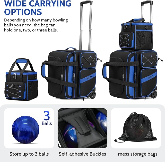 3 Ball Bowling Bag with Wheels, 2+1 Bowling Ball Bags Double Roller with Single Bowling Tote for Accessories, Multi-Pockets & Shoe Compartment (Fits Up to Size 15)