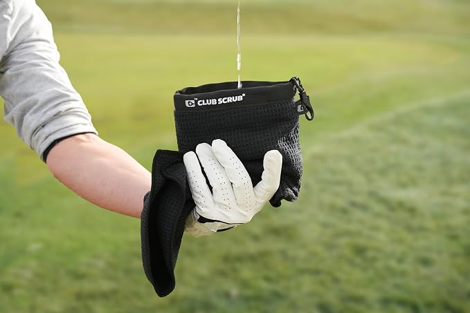 Club Scrub Towel Pro, Golf Club and Ball Cleaning Pouch with Attached Towel, Waterproof Exterior, Waffle-Weave Microfiber (Black)