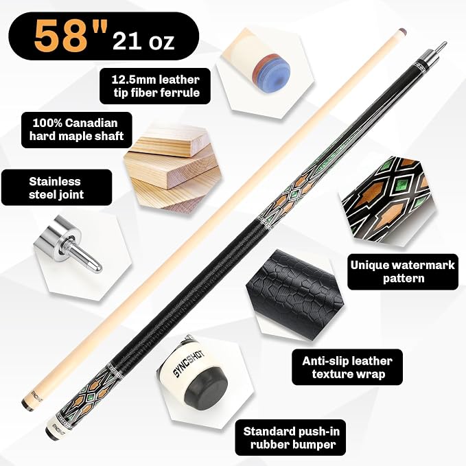 Professional Pool Cue Stick with Hard Case, 58" Canadian Maple Billiard Cue & 12.5mm Multi-Layer Rainbow Tip, Pool Cue Set with 3 Accessories, 19/20/21oz Billiard Stick (Selectable)