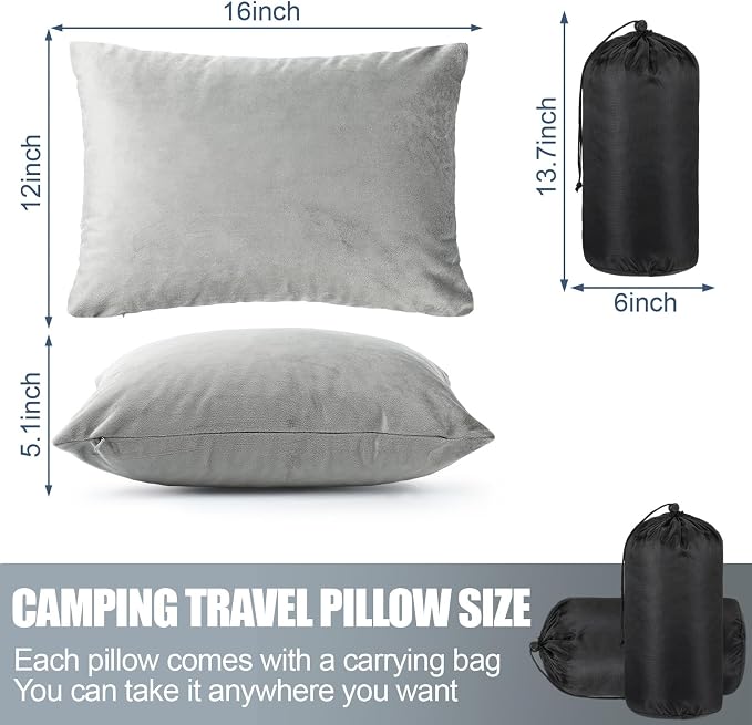 SmoothNovelty 2 Pack Camping Pillow for Sleeping Shredded Memory Foam Travel Pillow with Storage Bag, Compressible Portable Pillow for Outdoor Camp Backpacking Hiking Essential Gear (Grey,Small)