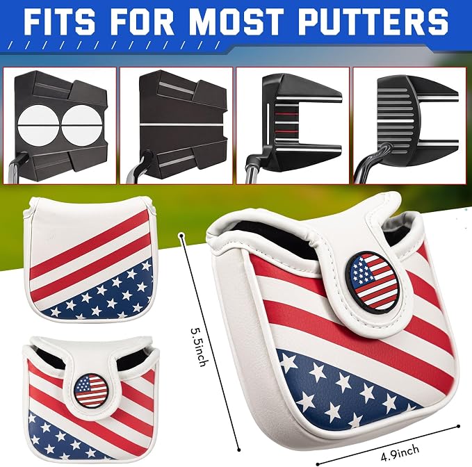13 Pcs American Flag Golf Accessories Kit, Patriotic Mallet Putter Cover Set with Towel, Tees, Ball Bag & Divot Tool, 4th of July 250th Golf Gifts for Men Father