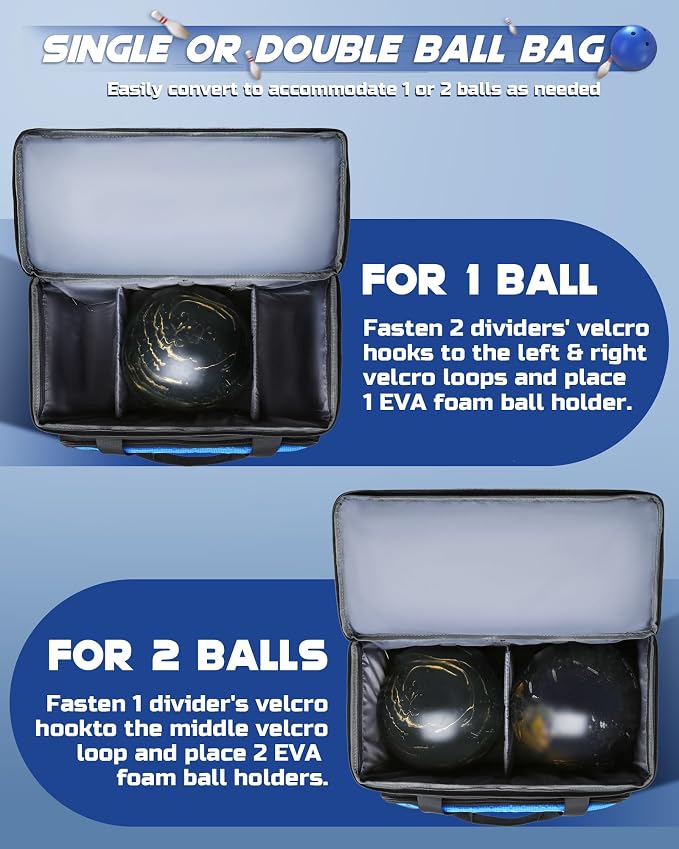 Convertible Bowling Bag with Wheels - Roller Bag for 1 or 2 Balls - EVA Foam Ball Cup - Rolling Tote for Bowling Accessories - Gifts for Youth & Adults
