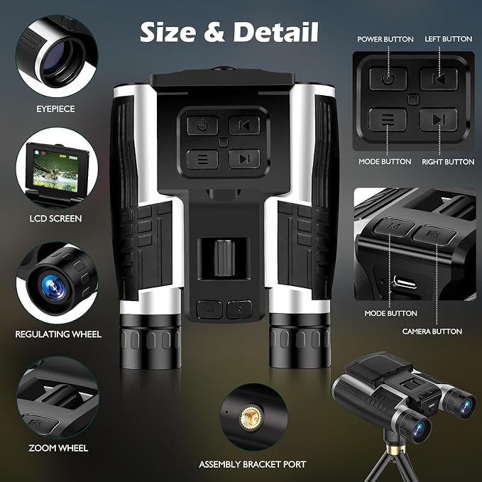 Digital Binoculars with Camera for Adult, 2.4" LCD Display 48MP Camera 2.5K Videos 8X Digital Zoom Ideal for Concerts, Bird Watching, and Outdoor Adventures with 32GB SD Card