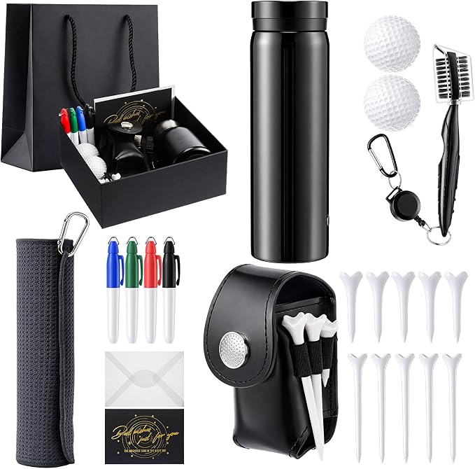22 Pcs Golf Accessories Kit Cleaning Kit Include Golf Ball Bag Tumbler, Balls Tees Marker Pens, Cleaner Brush, Towel and Gift Box Set for Man Father's Day Birthday Gifts