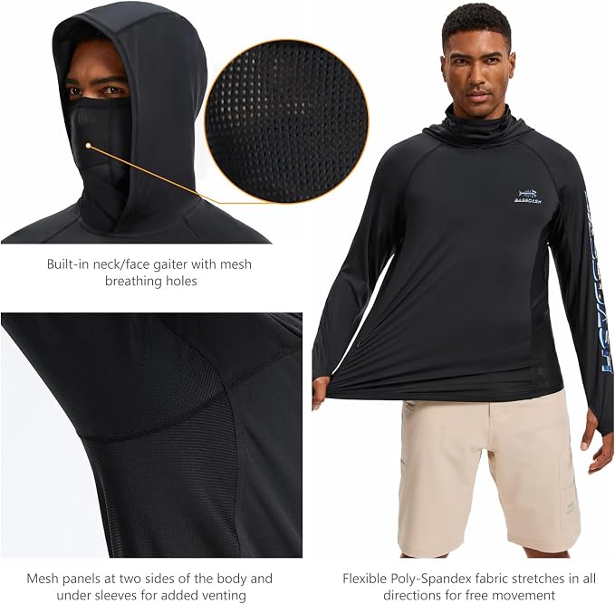 BASSDASH Men’s UPF 50+ Graphic Fishing Hoodie Shirts with Mask Pocket UV Long Sleeve Moisture Wicking FS47M