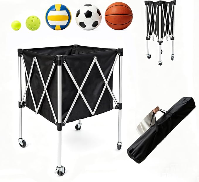 Foldable Tennis Ball Hopper Cart with Wheels, Portable Pickleball Volleyball Ball Basket Holder Caddy for Sports Training