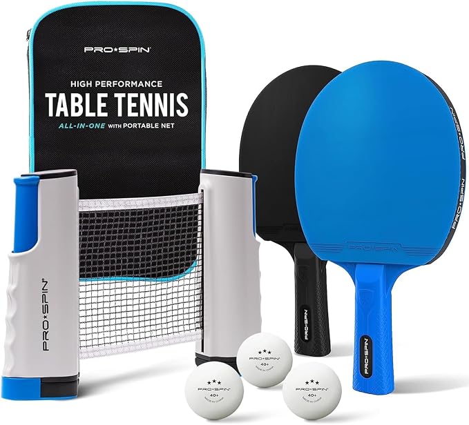 PRO-SPIN Portable Ping Pong Set with Retractable Ping Pong Net for Any Table, All-in-One Table Tennis Set with Ping Pong Paddles, Balls & Case, Table Top Family Game