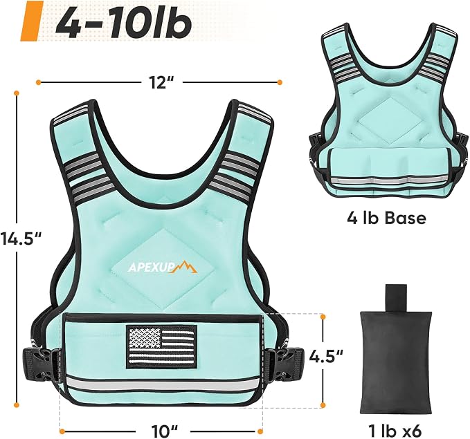APEXUP Adjustable Weighted Vest, 4-10lb/12-18lb/20-32lb Vest with 6 Ironsand Weights and Large Pocket, Weight Vest for Men Women Strength Training, Running, Walking