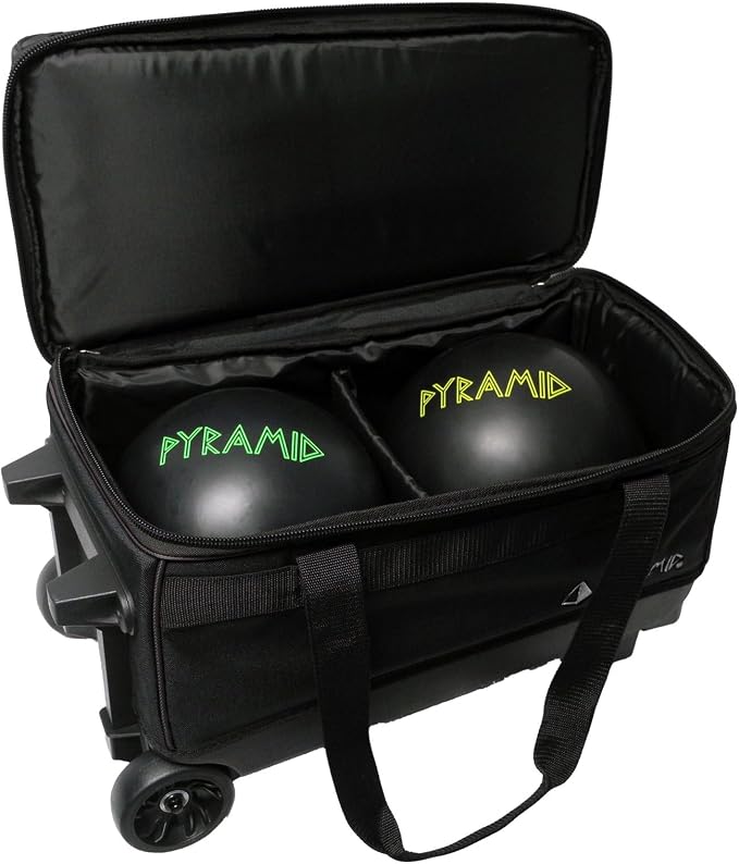 Pyramid Prime Double Roller 2 Ball Bowling Bag with Large Separate Compartment for Bowling Shoes (Up To US Mens Size 16) or Accessories, Locking Handle - Extends to 40"
