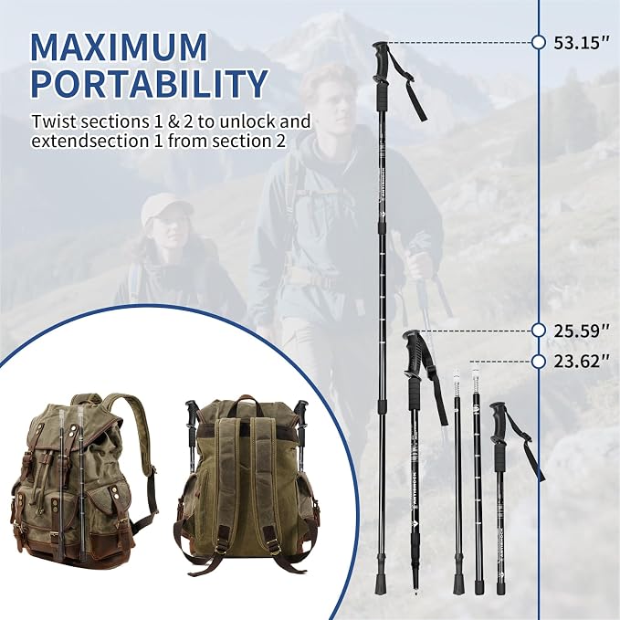 Folding Hiking Poles - 2-Piece Adjustable Trekking Poles, Lightweight Collapsible Walking Stick for Women Men Seniors, Backpacking & Travel