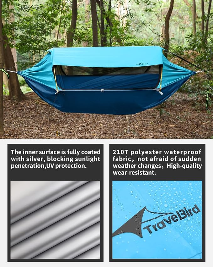 Camping Hammock Tent with Mosquito Net and Removable Sunshade, 4 in 1 Function, Lightweight Hanging Hammocks Tree Straps Swing, Bivvy Ground Tent for Outside, Hiking, and Travel
