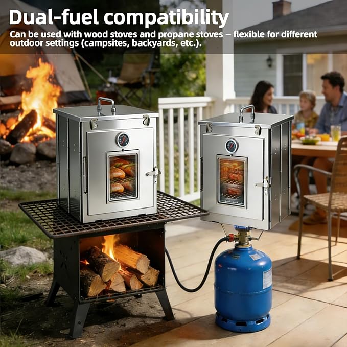 16-Inch H Folding Camping Oven - 2-Tier Grates, Portable Stainless Steel Grill for Baking Bread, Muffins & BBQ, Compatible with Wood-Burning & Propane Stoves