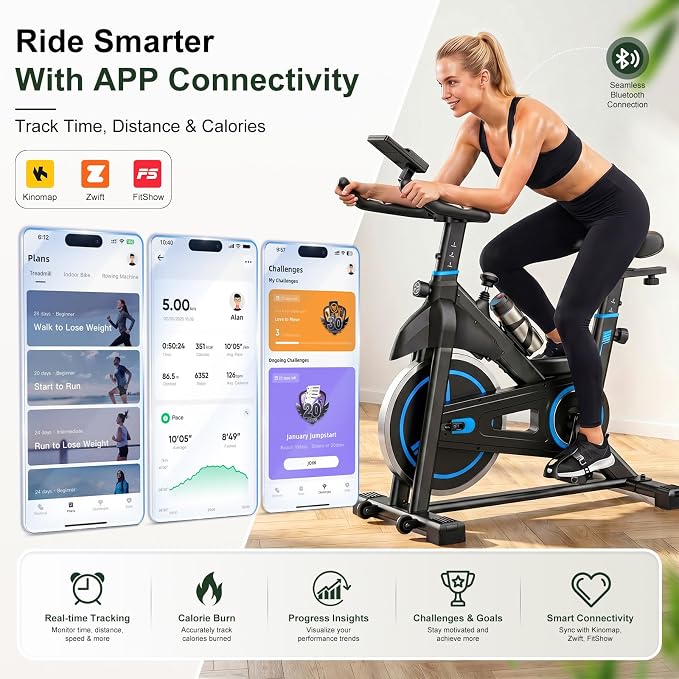 Exercise Bike with APP, Stationary Bike for Home, Workout Bike for Adults & Seniors, Indoor Cycling Bike with Adjustable Resistance, Low Noise, Easy Assembly, 265LB Weight Capacity