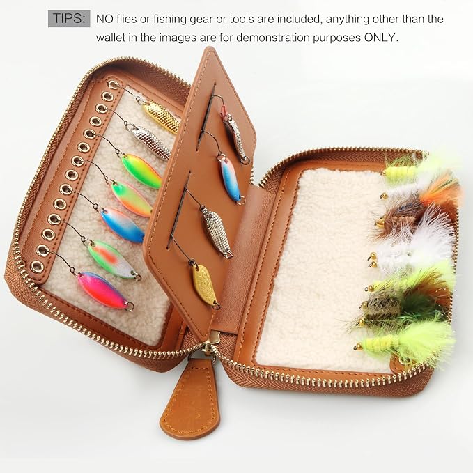 Lure Box Fly Fishing Leather Wallet Tackle Box Storage Spinner Bait Spoon Lures Flies Streamer Dry Fly Box Display Pocket Case Gifts for Men, Women (Lure FLy Wallet #B (Size: 6.6"x4.1"x1.1"))