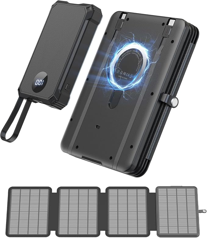 Solar Power Bank 10000mAh with 4 Panel Foldable Solar Charger,Portable Charger with 3 Built-in Cables, 15W Wireless Charging, USB-C in/Outputs, Emergency Flashlight for Outdoor Camping Hiking