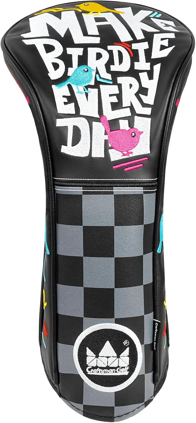 Craftsman Golf Make Birdie Everyday Black and Gray Checkers Golf Club Headcover for Woods and Driver Hybrids Irons Protector Putter Covers