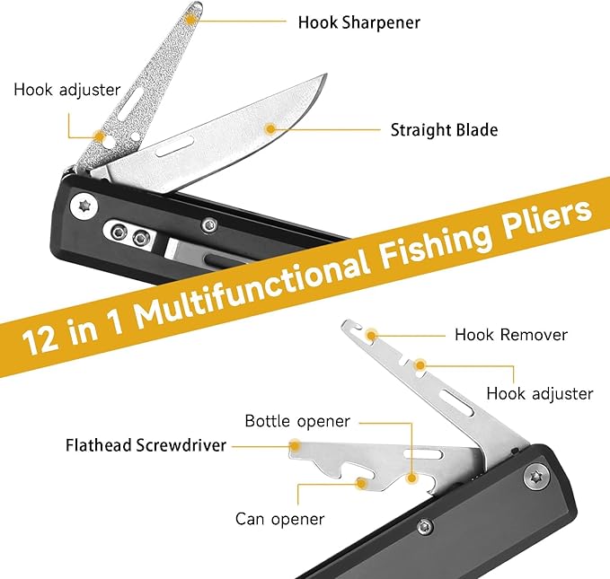 12-in-1 Folding Fishing Pliers, Compact Saltwater Fishing Tool with Braid Cutter, Hook Remover, Split Ring Opener, Stainless Steel Fishing Gear Gift for Men