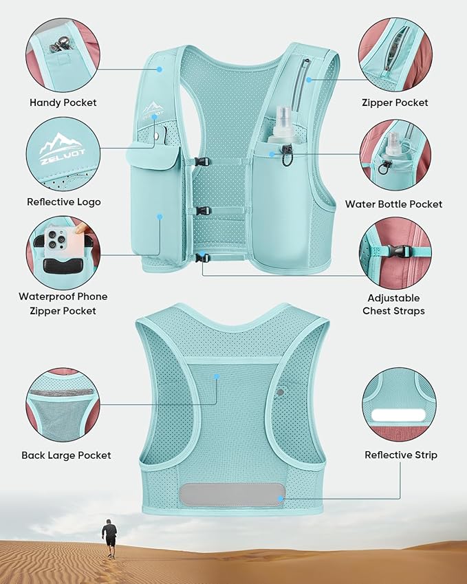 Zelvot Running Vest for Women Men, Adjustable Running Phone Holder Vest, USA Original Patent, Running Hydration Vest with 500ml Soft Flask, Reflective Running Backpack for Hiking Cycling
