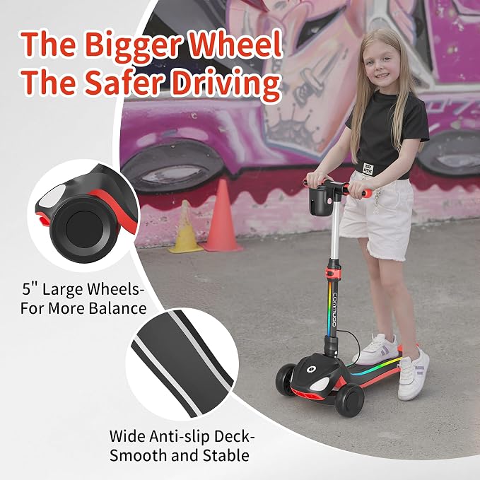 Electric Scooter for Kids with 3 LED Lighted Wheels, Adjustable Height & Lean-to-Steer, Anti-Slip Deck with Lights, Easy-Fold Mechanism, Balance Scooter for Kids,Toddlers