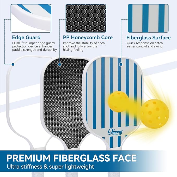 OLANNY Graphite Pickleball Paddles Set- Premium Rackets Fiber Face & Polymer Honeycomb Core Pickleball Set Includes Pickleball Paddles + Pickleball Balls+ Replacement Soft Grip + 1 Bag