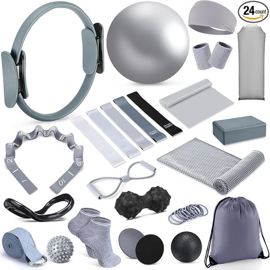 Halloscume 24 Pcs Pilates Kit, Home Pilate Equipment for Women, Pilates Ring and Ball Set with Stretching Strap, Water Bottle, Magic Circle, Yoga Ring, Gym Bag, Resistance Band, Anti Slip Sock