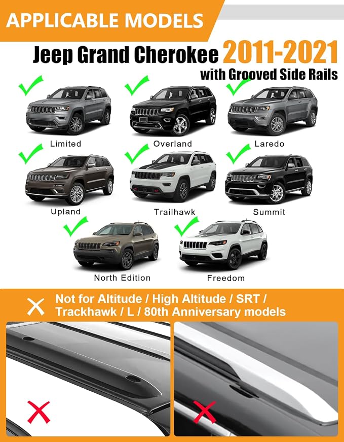 KINGGERI 330lbs Lockable Roof Racks Cross Bars Fit for Jeep Grand Cherokee 2011-2021 with Grooved Side Rails(NOT for Raised Side Rails), Heavy Duty Anti-Theft Aluminum Rails Crossbars Cargo Kayak