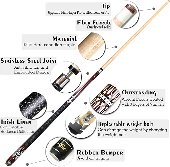 Tai ba cues Pool cue Stick, 13mm Multilayer Leather Tip, 58", Linen Wrap, Hardwood Canadian Maple Professional Billiard Pool Cue Stick 19-21 Oz (Selectable)