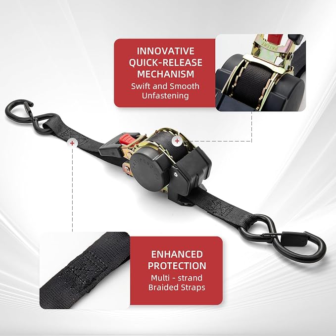 Heavy Duty Retractable Ratchet Tie-Down Straps 1800 lbs, 1in × 10ft Auto Retract Tie Downs with Zinc S-Hooks, Cargo Straps for Trucks, Trailers, Roof Racks & Moving, 2 Pack, Black, Damped Rewind