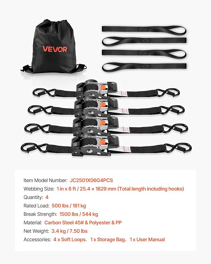 VEVOR Retractable Ratchet Straps, 1 in x 6 ft, Tie Down Straps with S Hooks, 1200 lbs Break Strength, 4 Soft Loops, Tie Down Ratcheting for Moving, Trailers, Motorcycles, Kayaks, Car Roof, 4 Pack