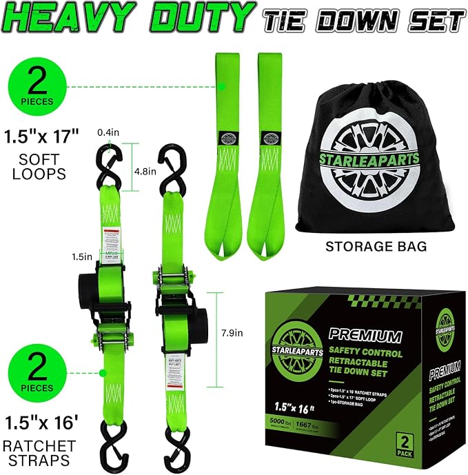 Retractable Ratchet Straps (2pk) -Patented | 1.5 in x 16 ft Heavy Duty Auto Ratchet Straps with Soft Loops | Perfect Automatic Tie Downs for Motorcycle,Kayak and Truck | Break Strength 5,000LBS/2268KG