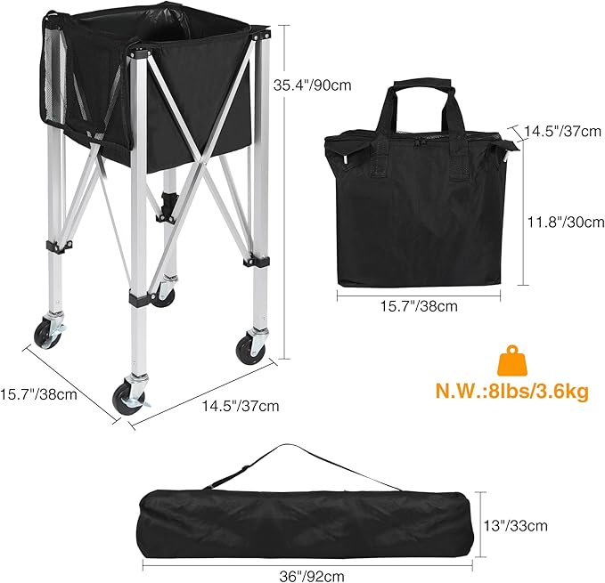 Portable Tennis Ball Hopper Holds 180 Balls, Tennis Ball Basket Cart with 4 Wheels & Brakes, Detachable Oxford Fabric Bag for Tennis and Pickleball Training, Black