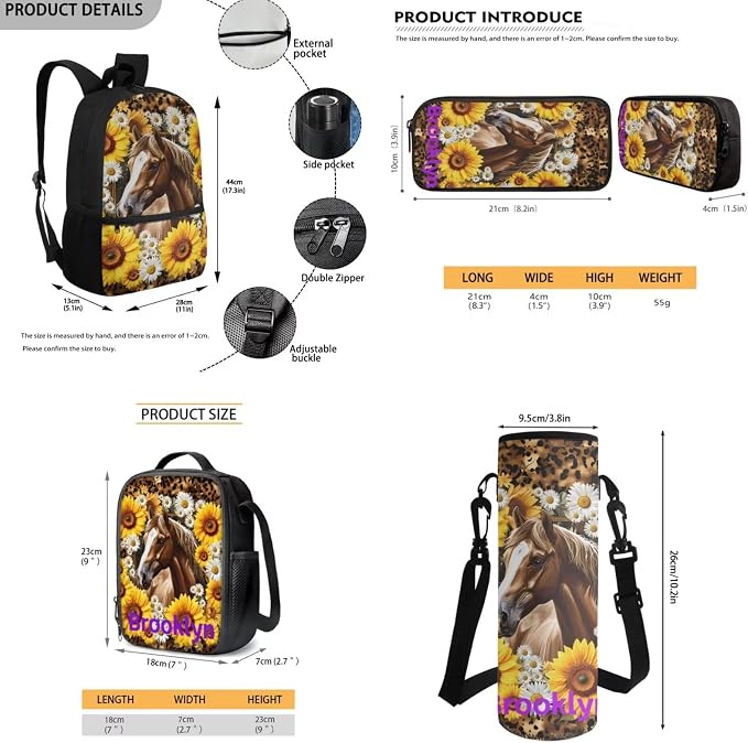 Horse Backpack for Girls School Bags with Lunch Bag Pencil Case Water Bottle Holder Sunflower Kids Preschool Bookbag 4PCS Elementary School Bag Back to School Accessories