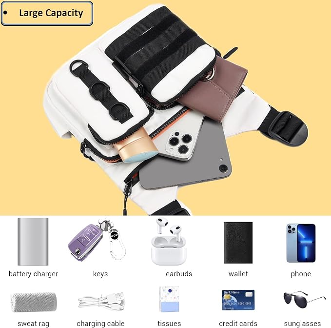 Criuage Outdoor Chest Bag for Men, Lightweight Adjustable Running Vest, Water Resistant EDC Chest Pack with Water Bottle Pocket, Breathable Back Pad for Hiking Cycling Fishing Travel (White)