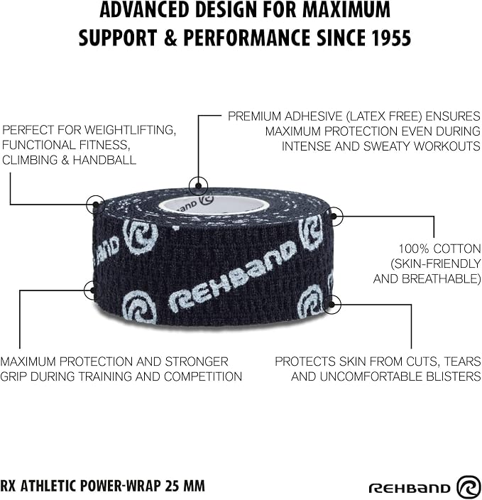 Rehband Non-Slip Athletic Hook Grip Tape, Thumb Tape Crossfit, Powerlifting & Weightlifting Tape - Hookgrip Tape Protects Fingers Against Blisters