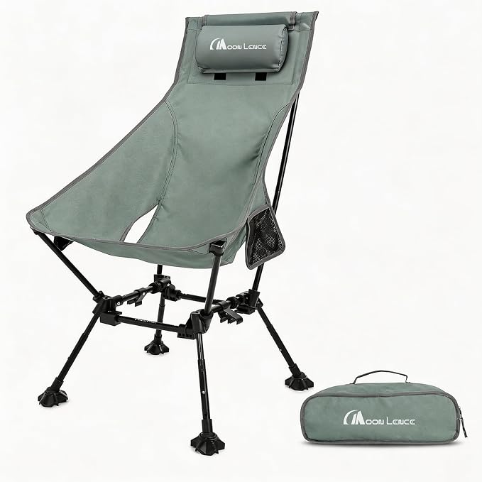 MOON LENCE High Back Folding Camping Chairs, Height-Adjustable, Widened Seat, for Beach with Anti-Sinking Feet (New Grey)