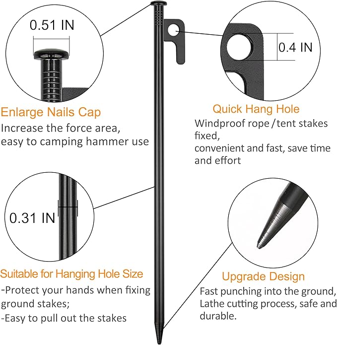 4 Pack Tent Stakes Heavy Duty Metal Tent Pegs for Camping Steel Tent Stakes 16 inch Unbreakable and Inflexible