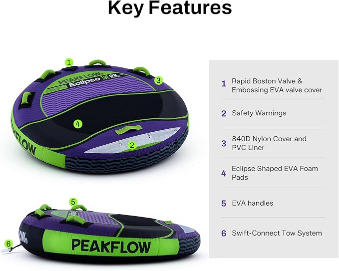 PEAKFLOW Towable Tube,Boat Tube,1-3 Person,Tubes for Boating,PVC Liner and Full Nylon Cover,Lake & Ocean Fun