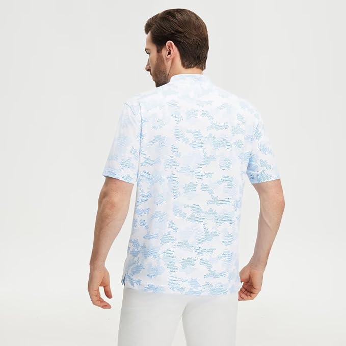 M MAELREG Golf Shirts for Men Collarless Performance Dry Fit Stretch Henley Casual Printed Mens Polo Shirts Short Sleeve