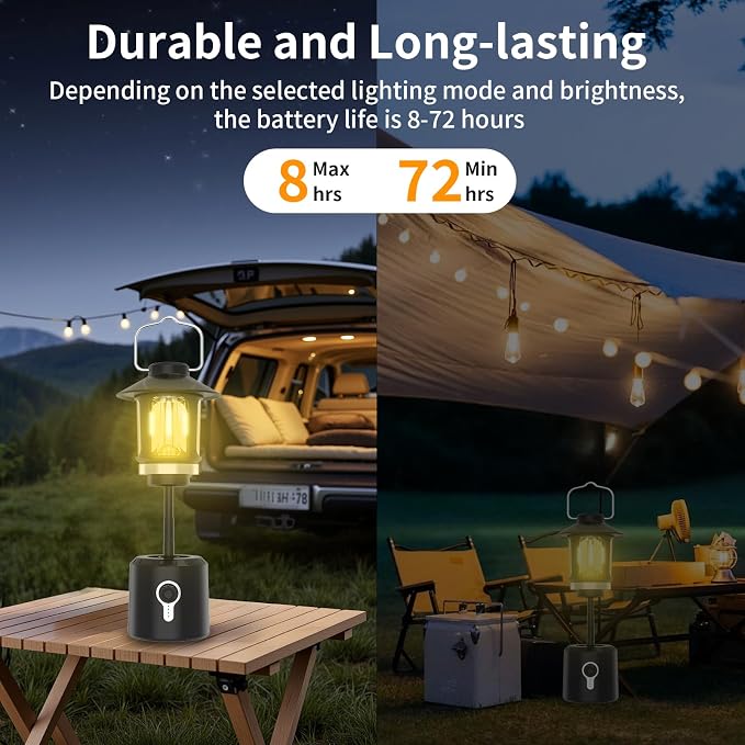 LED Camping Lantern, 8000mAh Telescopic Vintage Rechargeable Lantern, Dual Light Source & 3 Light Modes (2000K-6500K), 360° Lighting Emergency Lights for Camping, Home Power Outage, Hurricane, Hiking