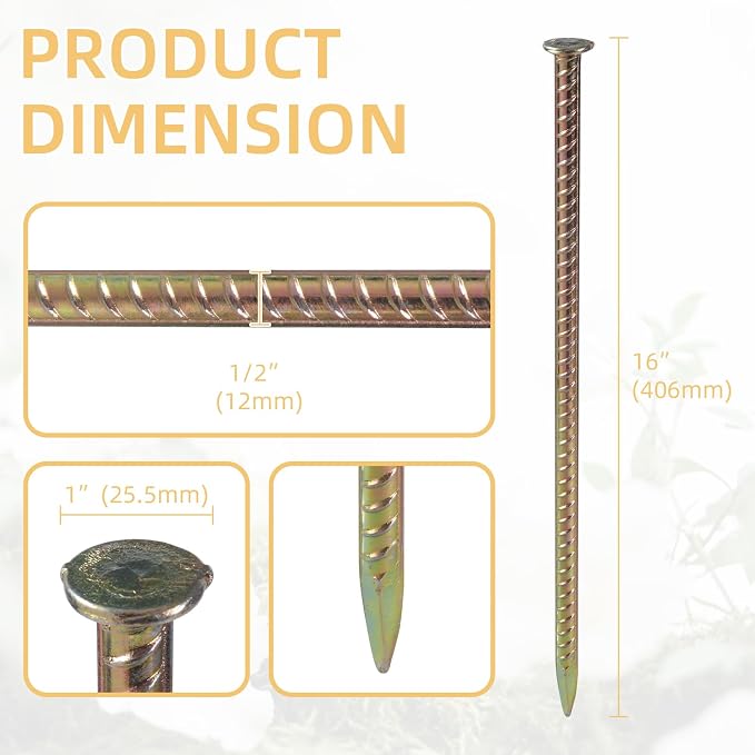 16 Inch Rebar Stakes, 1/2 Inch Diameter Galvanized Steel Ground Anchors, Heavy Duty Metal Spikes for Speed Bump, Wheel Stop, Parking Curb and Tent (24 Pack, Golden)