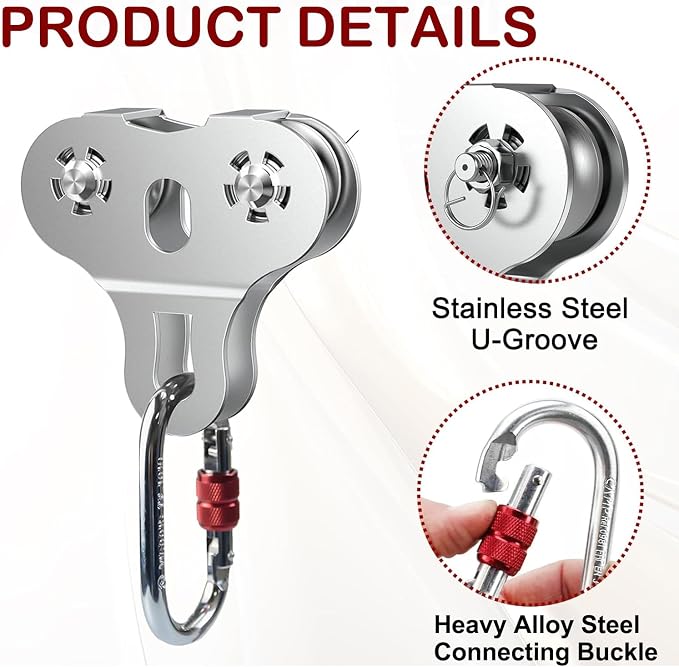 Zipline Pulley, 304 Stainless Steel Tandem Speed Double Pulley for 1/4 5/16 3/8 Cable Backyard Zipline, Hauling, Rigging and Commercial Purposes