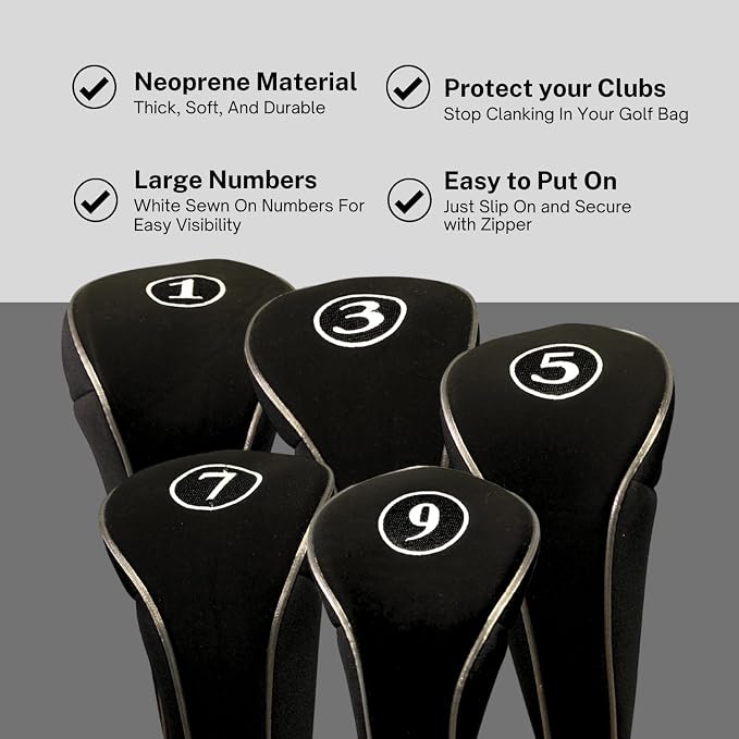 Black Golf Zipper Head Covers Driver 1 3 5 7 9 Fairway Woods Headcovers Metal Neoprene Traditional Plain Protective Covers Fits All Fairway Clubs