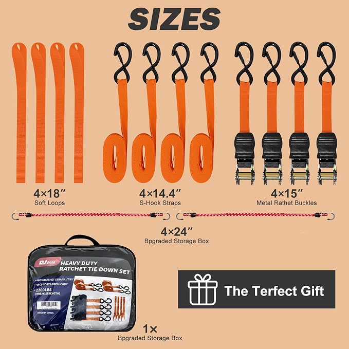 Heavy Duty 1" x 15' Ratchet Straps (4 Pack) - 2200 lb Break Strength with Soft Loops & Coated S-Hooks for Truck, Trailer, Motorcycle, ATV, UTV, Boat, Car Accessories (Orange)