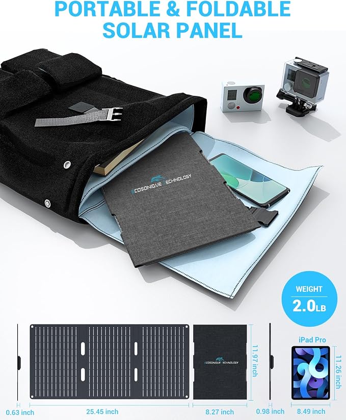 Ecosonique 15W and 30W Portable Solar Panel Charger with USB-A USB-C Ports and ETFE IP67 Waterproof Camping Backpacking Hiking Emergency for Phones，Tablets, Power Banks