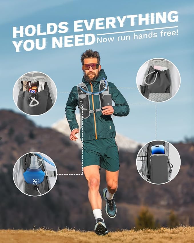 Running Vest for Women and Men, Hydration Running Backpack, Runners Vest, Hydration Vest, with Front Phone Holder, Adjustable Chest and Waist Strap