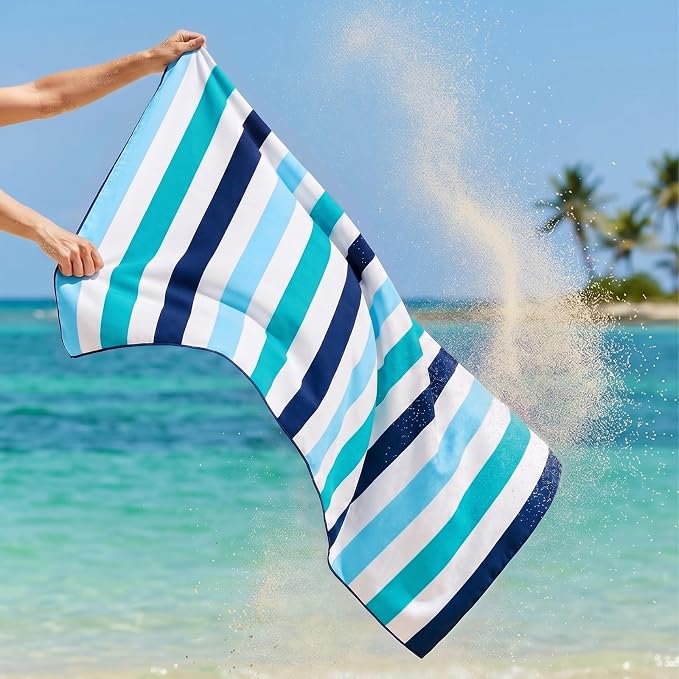 Exclusivo Mezcla Large Microfiber Quick Dry Beach Towel, Lightweight Sand-Free Cabana Stripe Pool Travel Camping Towel with Bag (Green, 30x60 Inches)