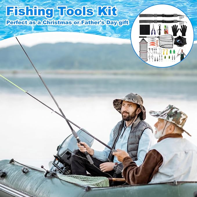 51 Pcs Fishing Rods Combo 6.89ft Telescopic Freshwater Pole Set with Plier Lip Gripper Lures Carrier Bag Pre Loaded Spinning Reel with Freshwater Rod Reel Kit Father Men Gift