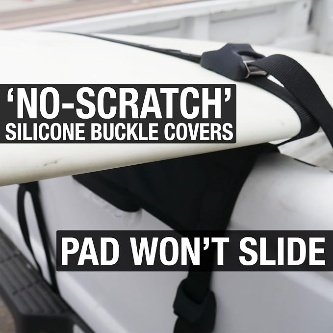 Surfboard Truck Rack - Durable Pad Fits All Tailgates - ‘No Scratch’ Silicone Buckle Covers Prevent Damage - Easy to Use
